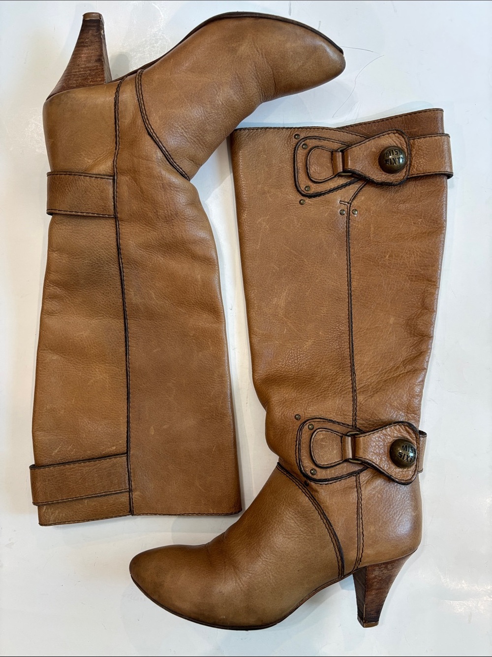 Miss Sixty Tan Leather Knee Boots Y2K Buckle Detail Stacked Heel EU 38 - Picture 9 of 15